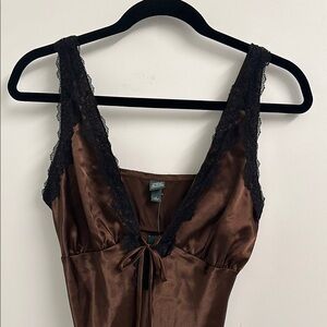 Elegant Brown Satin Nightgown with Lace Trim